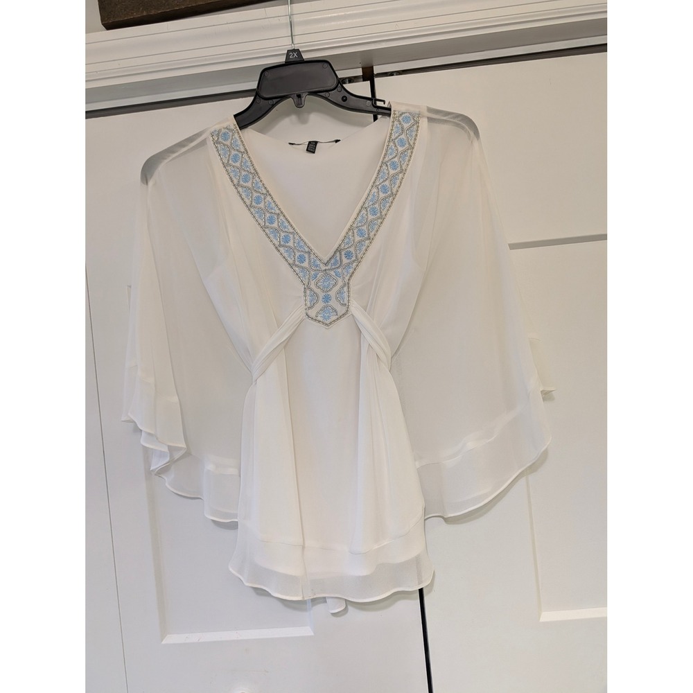 White House Black Market Beaded V-Neck Butterfly Sleeve Kaftan Blouse White XS